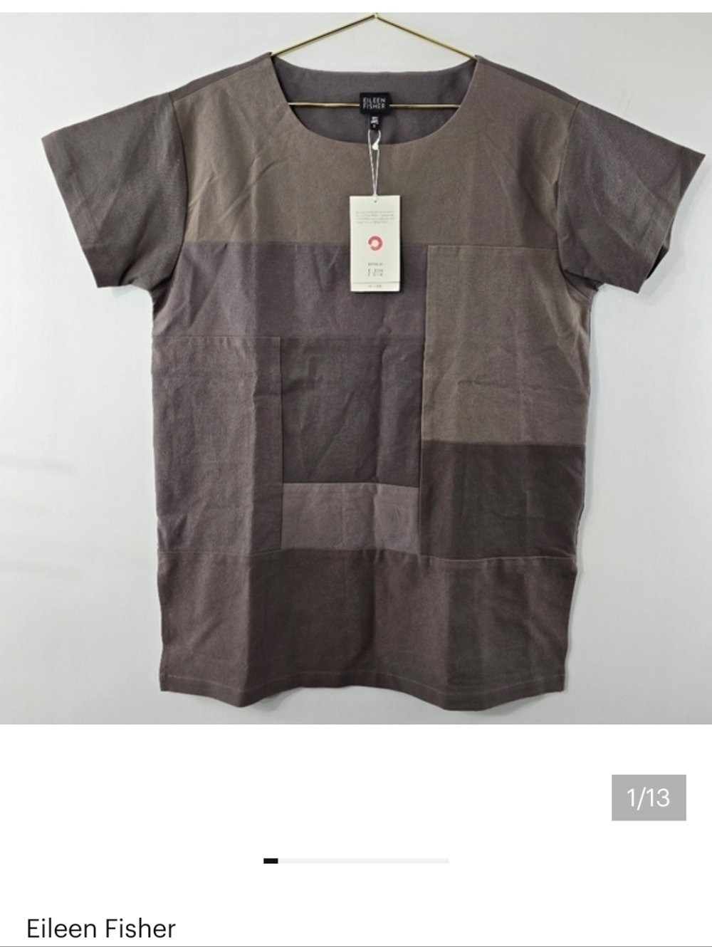 Eileen Fisher Renew Kimono Patchwork Short Sleeve Structured Tunic Top NWT Gray